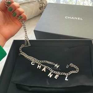 Authentic Chanel Silver Logo Charm Chain Belt